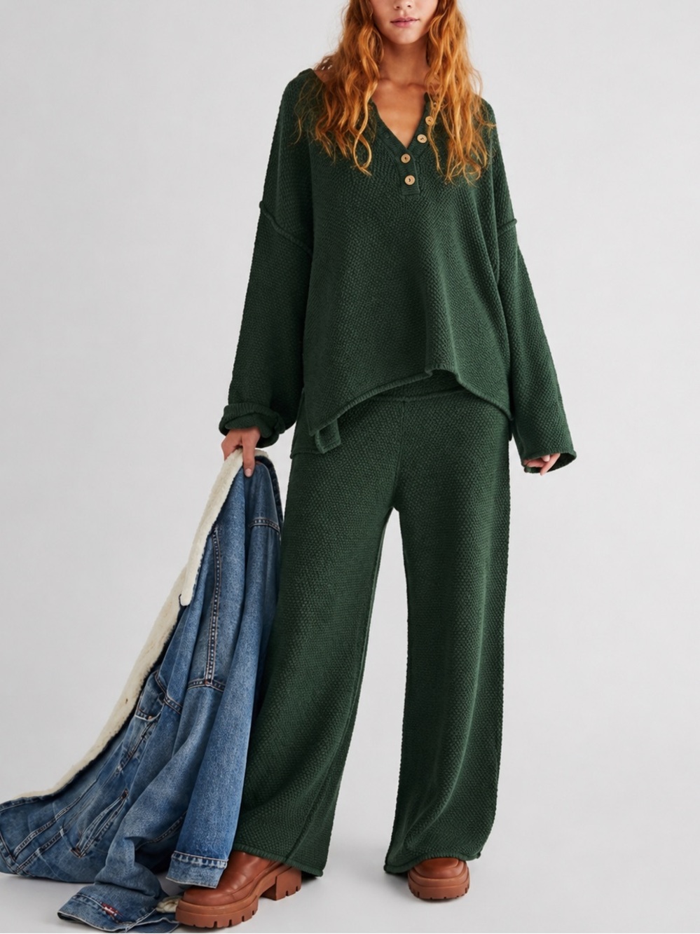 Free People Beach Hailie Green Chunky Knit Sweater Set